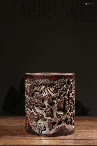 BAMBOO RELIEF CARVED 'PEOPLE IN WOODS' BRUSH POT