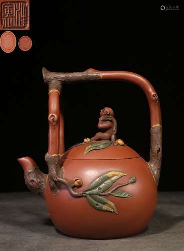 YIXING ZISHA 'MONKEY' PEACH SHAPED TEAPOT WITH LIFTING HANDLE