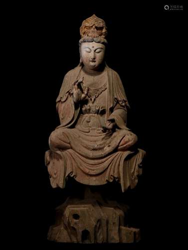 A CHINESE COLORED DRAWING WOOD CARVED BODHISATTVA STATUE