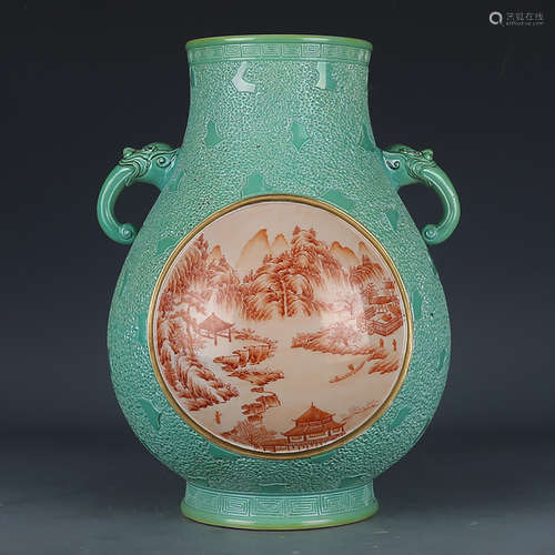 A CHINESE VIRIDIS GLAZED IRON RED LANDSCAPE PORCELAIN ZUN