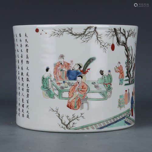 A CHINESE MULTI COLORED FIGURE PAINTED PORCELAIN BRUSH POT