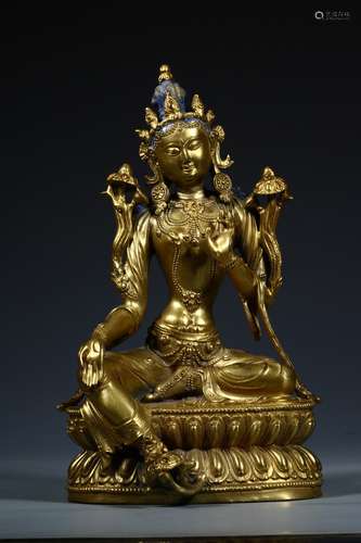 A CHINESE GILD COPPER GREEN TARA STATUE