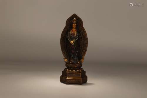 WOOD CARVED AND PAINTED 'GUANYIN' STANDING FIGURE