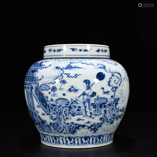 A CHINESE BLUE AND WHITE FIGURE PAINTED PORCELAIN JAR WITH COVER