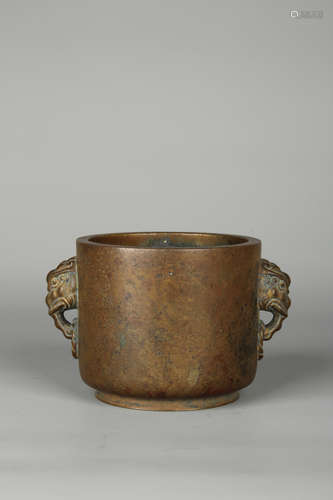 BRONZE CAST CENSER WITH BEAST MASK HANDLES