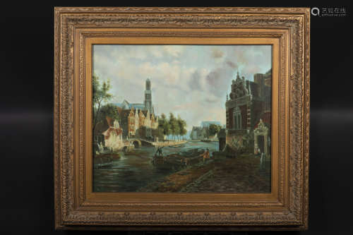 FRAMED OIL PAINTING 'CITY AND RIVER'