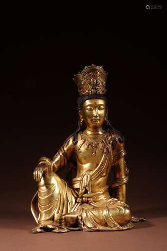 A CHINESE GILD COPPER GUANYIN STATUE