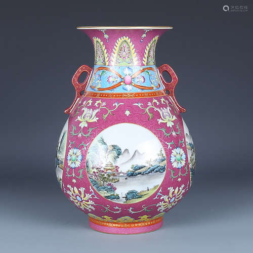 A CHINESE FAMILLE ROSE LANDSCAPE PORCELAIN ZUN