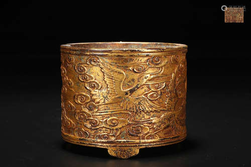 A CHINESE GILD COPPER CRANE TUBE PATTERN INCENSE BURNER