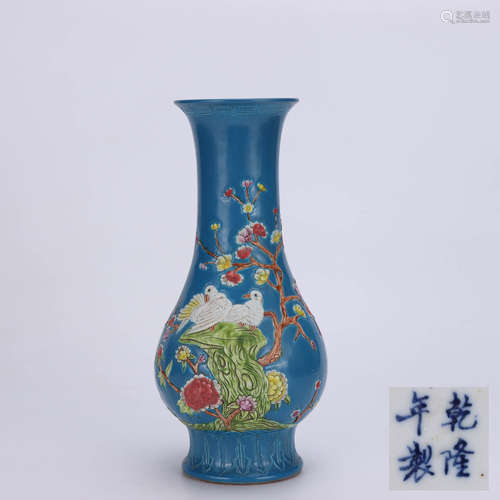 A CHINESE PEACOCK BLUE GLAZED FLOWER&BIRD PATTERN CARVED PORCELAIN VASE