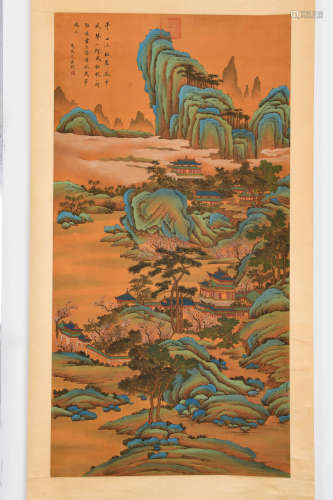 A CHINESE LANDSCAPE PAINTING SCROLL, WEN JIA MARK