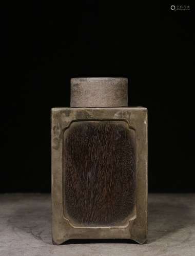 ZITAN WOOD CARVED AND TIN COVERED RECTANGULAR TEA JAR