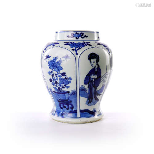 Blue and white figure flower decorative pot in the middle of Qing Dynasty