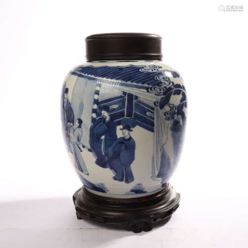 Blue and white figure decorated jar in early Qing Dynasty