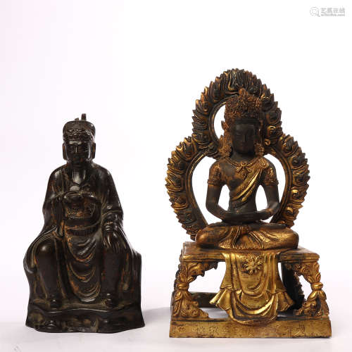 Bronze gilt Wen Guan and a group of Guanyin statues in Ming Dynasty