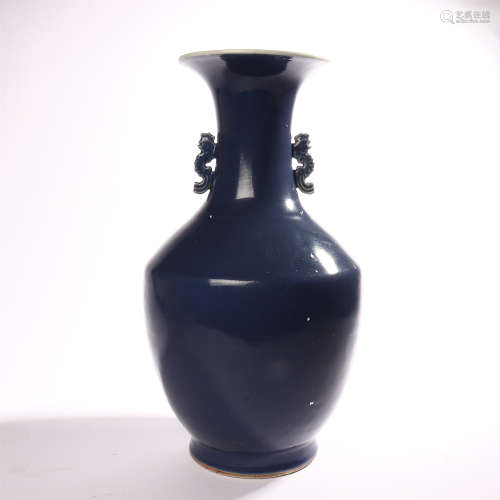 Blue glazed jar with double ears in the middle of Qing Dynasty