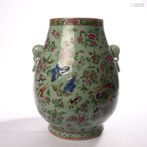 Double Elephant Ear Zun decorated with butterfly pattern of Douqing glaze flower