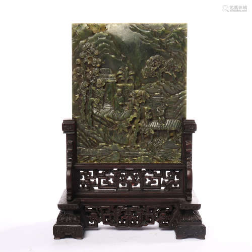 The mid Qing Dynasty Hetian jade figures landscape decorative screen