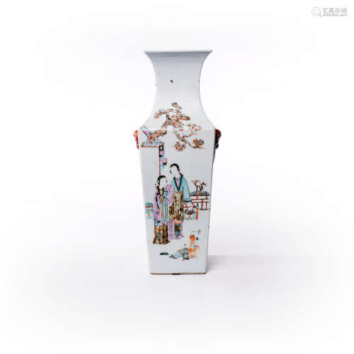 Square bottle with double lion ears decorated with famille rose figures and flowers in the middle of Qing Dynasty