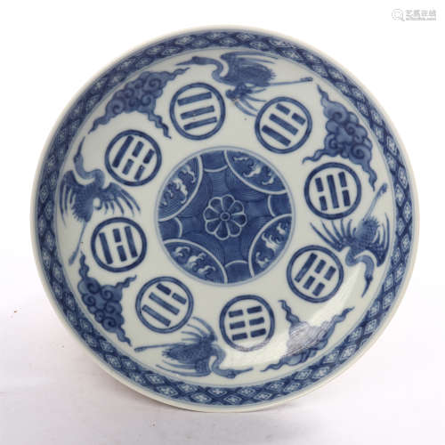 Blue and white crane decorative plate in Guangxu period of Qing Dynasty