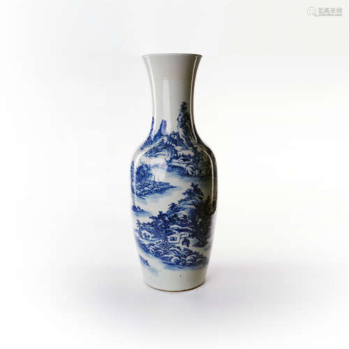 Large vase with blue and white landscape flower patterns in the middle of Qing Dynasty