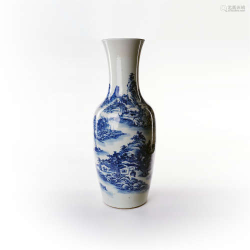 Large vase with blue and white landscape flower patterns in the middle of Qing Dynasty