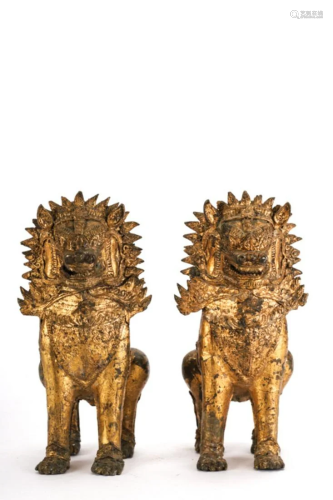 ANTIQUE PAIR of GILT BRONZE THAI FOO DOGS