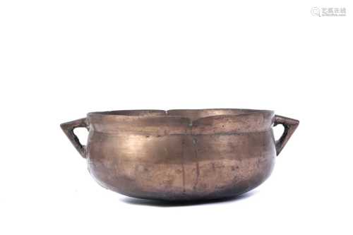 EARLY CHINESE LARGE BRONZE (2) HANDLED CENSER