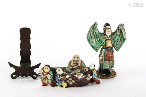 (2) ASIAN CERAMIC FIGURES & a CARVED WOOD…