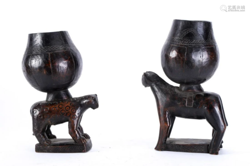 (2) WEST AFRICAN FOOD VESSELS ON LEOPARDS