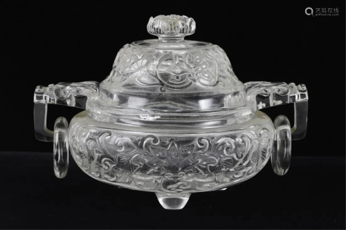 CHINESE CARVED ROCK CRYSTAL COVERED BOWL