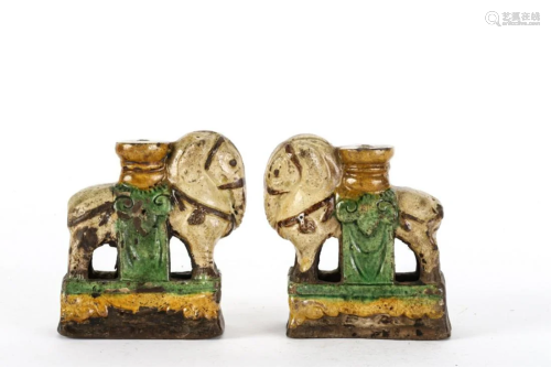 PAIR OF ASIAN GLAZED EARTHENWARE ELEPHANTS