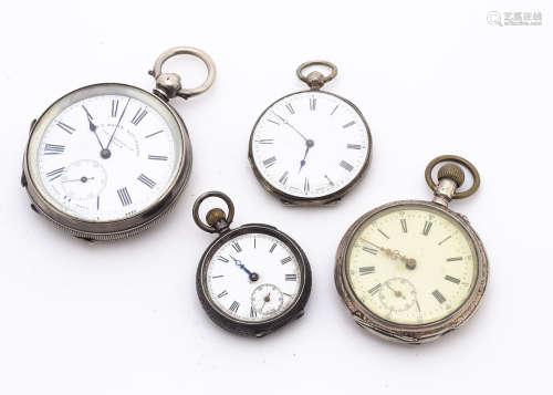 Four Victorian period and later continental silver open face pocket watches, one marked W.E. Watts