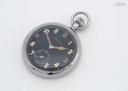 A WWII period Leonidas military issue chromed pocket watch, black dial, not running, broad arrow and