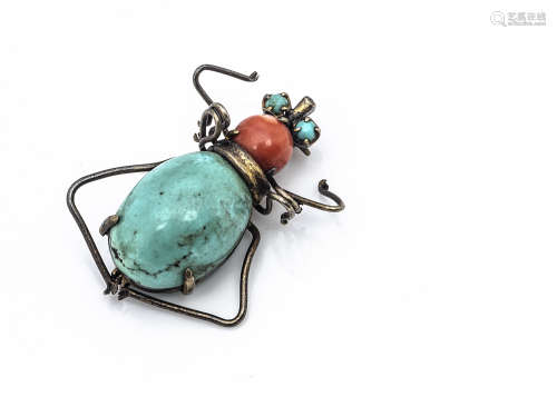 A white metal turquoise and coral bug brooch, marked silver to underside, 3.2cm x 3.2cm, 8.2g