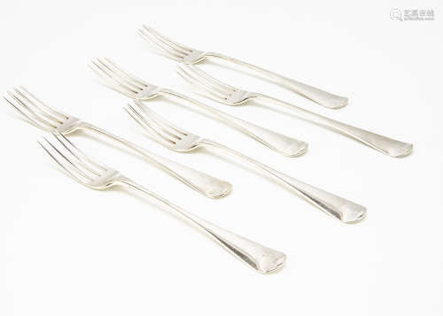 A set of George III silver dinner forks by NH, Old English pattern and bearing Flamngo family