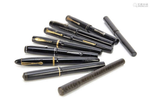 Nine vintage black fountain pens, including a Grenville in card box, a Cudos, a Pitman's Fono, a