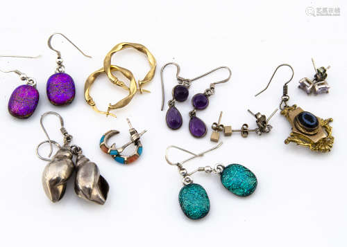 A small quantity of earrings, including a pair of 9ct gold twisted hoops, a Victorian gilt metal and
