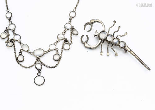A contemporary continental white metal and moonstone scorpion brooch, 5.5cm and a contemporary white