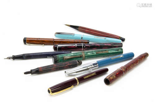 Six vintage fountain pens, including a Unique Pen, a Platignum, a Platignum Regal, a Ment****,