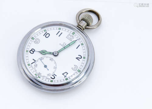 A WWII period Omega military issue chromed nickel open face pocket watch, 53mm, serial number: