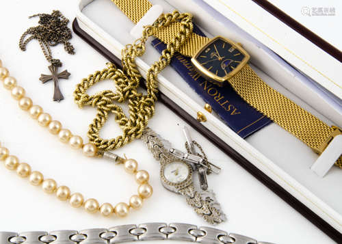 A marcasite silver cocktail watch, a gilt metal chain, silver cross pendant and chain, simulated