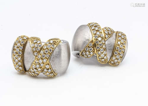 A pair of contemporary continental yellow and white 18ct gold diamond ear clips, of rectangular