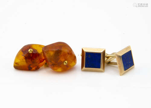 A pair of lapis lazuli and gold cufflinks, marked 9ct, the square ends with snap backs, in Charles