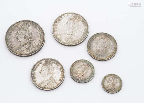 A set of six Victorian Jubilee Head coins, all dated 1887, ranging from crown, double florin, half