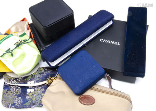 A collection of jewellery boxes and bags, including various Chanel examples etc