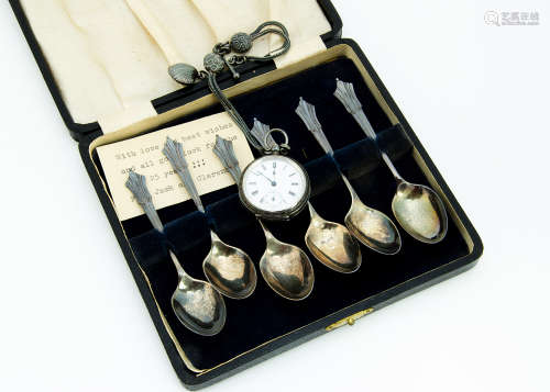 A 19th Century continental silver open face lady's pocket watch, on a nice silver watch chain and
