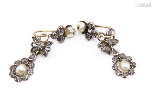 A pair of 19th Century Italian diamond and pearl **** earrings, the rough cuts in silver settings in