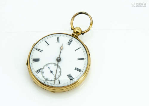 A Victorian 18ct gold open faced pocket watch, 46mm, overall in good condition but wear and