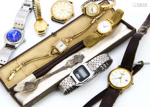 A group of eight watches, including two gold cased ladies, a lady's Eterna, and others, also a Rolex